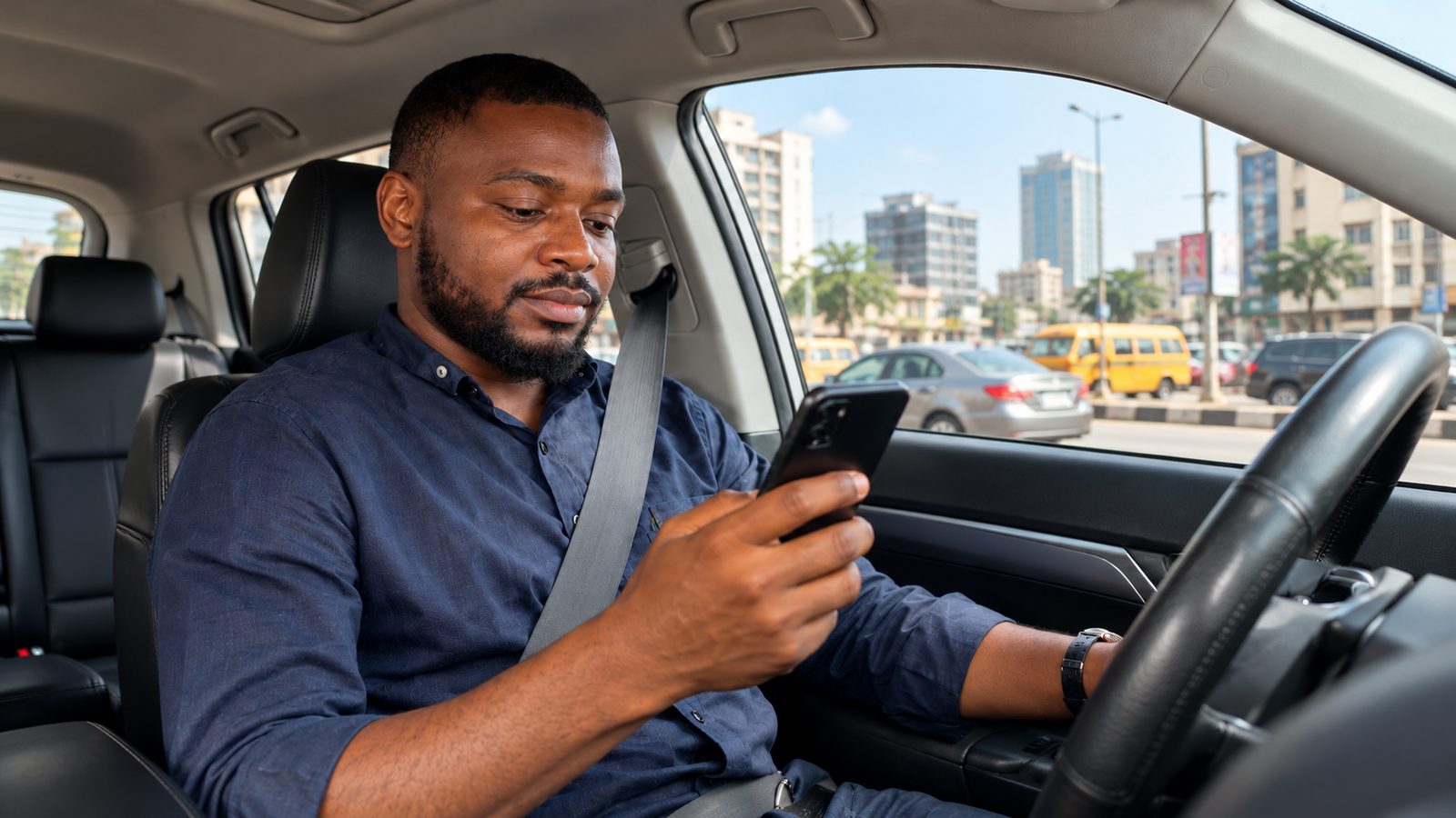 A GoBYE driver in his car on a Lagos street, checking a trip request on his phone.