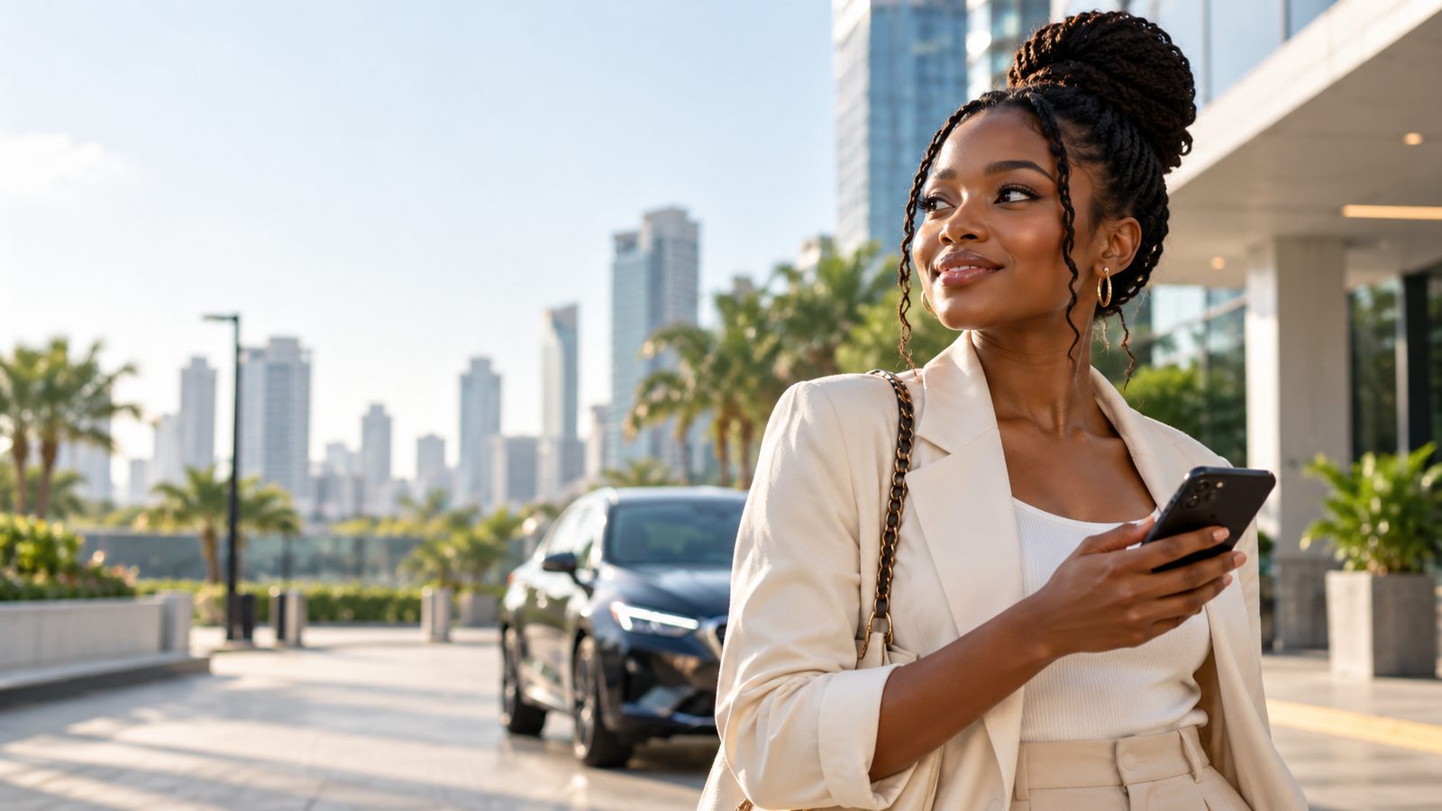 A smiling woman in a cream suit holds her phone outside a city office building, a dark car waiting behind her.